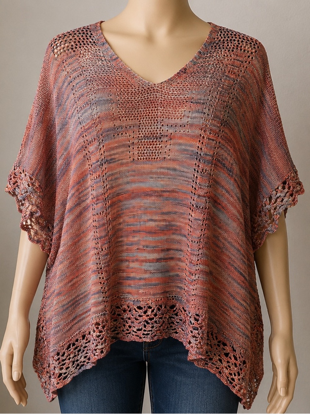 Democracy Coral Multi Knit V-Neck Poncho Sweater